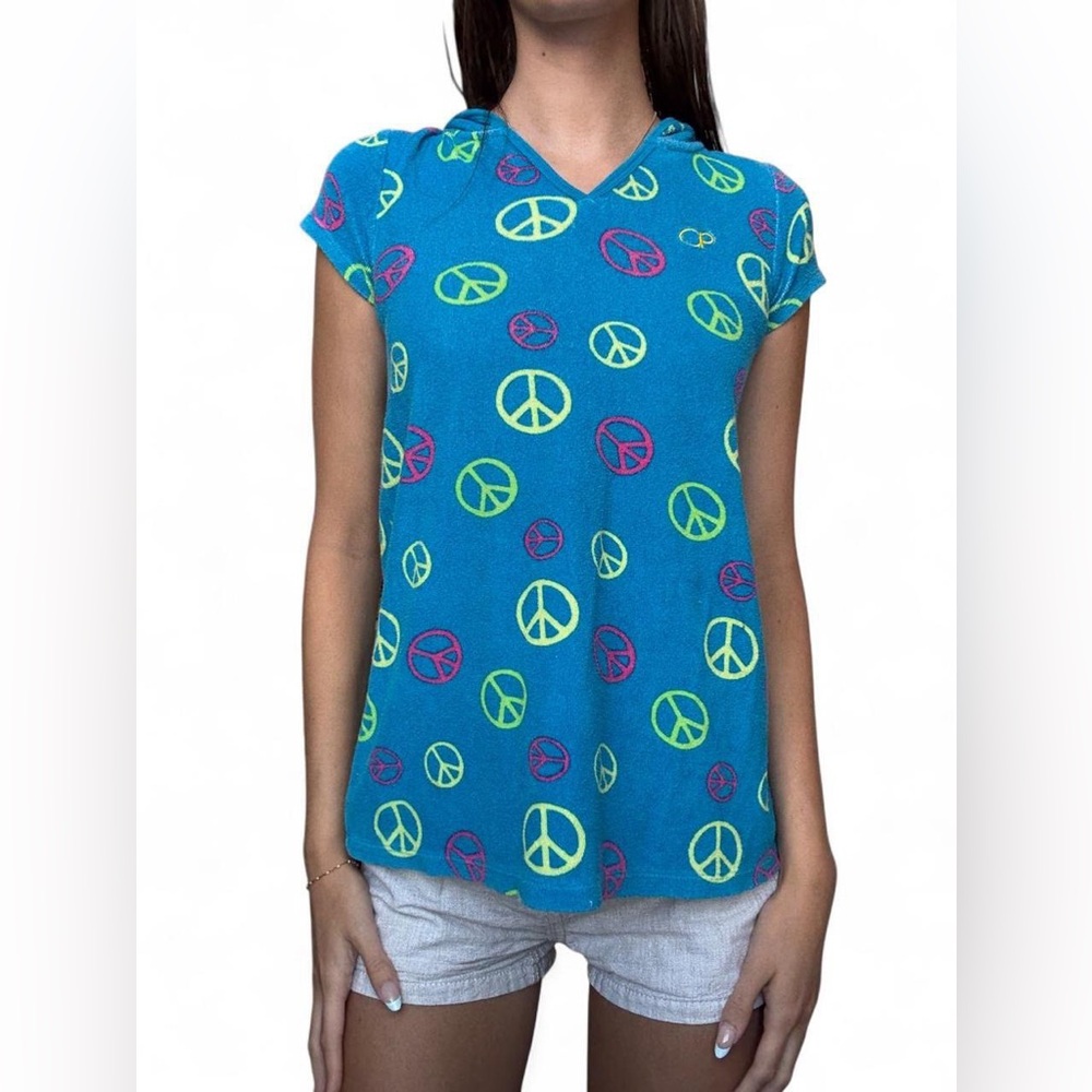 Bright Blue Peace Sign Hooded Tee - Women's Casual Top